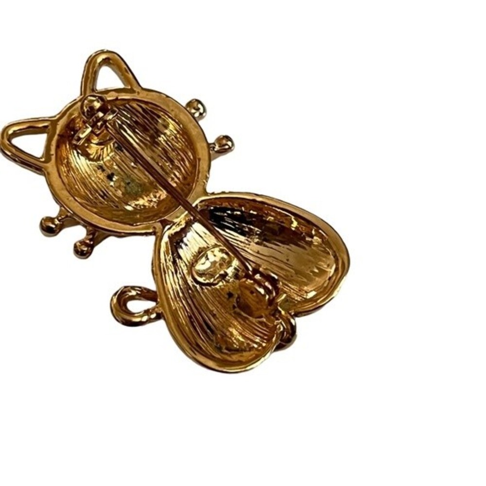 Kitty Cat Pin‎ Brooch Rhinestones Gold Tone Metal - Picture 3 of 6
